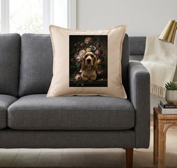 犬（コッカースパニエル）クッション 45cm 花の油絵風カラーアート