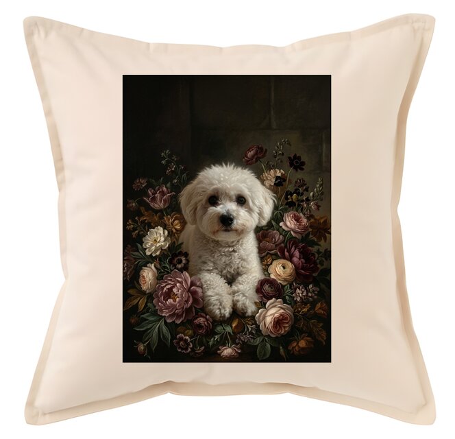 犬（ビションフリーゼ）クッション 45cm 花の油絵風カラーアート
