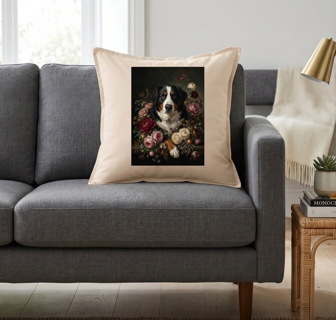 犬（バーニーズマウンテンドッグ）クッション 45cm 花の油絵風カラー