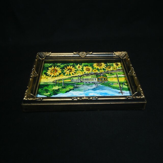 油絵 油彩 油彩画 絵 絵画 【ひまわり広場】ミニ絵画 油彩画 原画】夏色の車窓から（ひまわり畑とローカル線）ミニ絵画