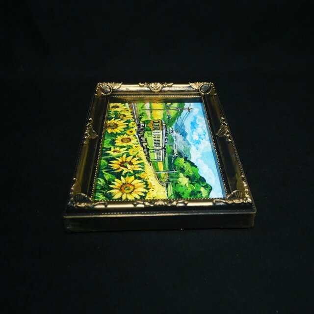 油絵 油彩 油彩画 絵 絵画 【ひまわり広場】ミニ絵画 油彩画 原画】夏色の車窓から（ひまわり畑とローカル線）ミニ絵画