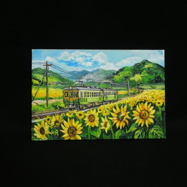 油彩画 原画】夏色の車窓から（ひまわり畑とローカル線）ミニ絵画