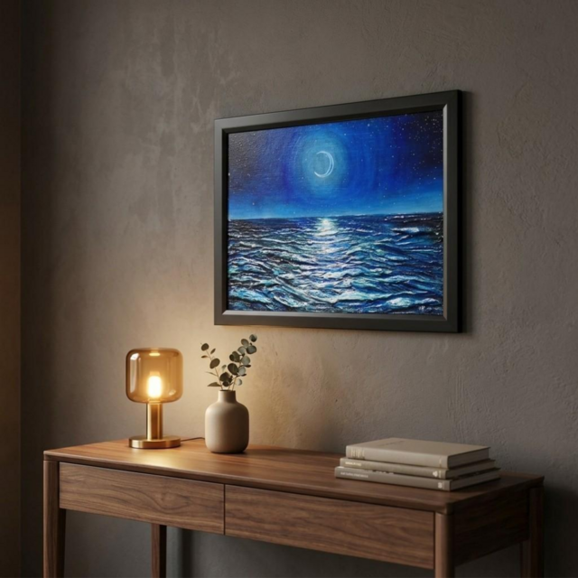 油絵/A4】真夏の夜の海と三日月（黒額縁付）/ 原画 油彩画 インテリア