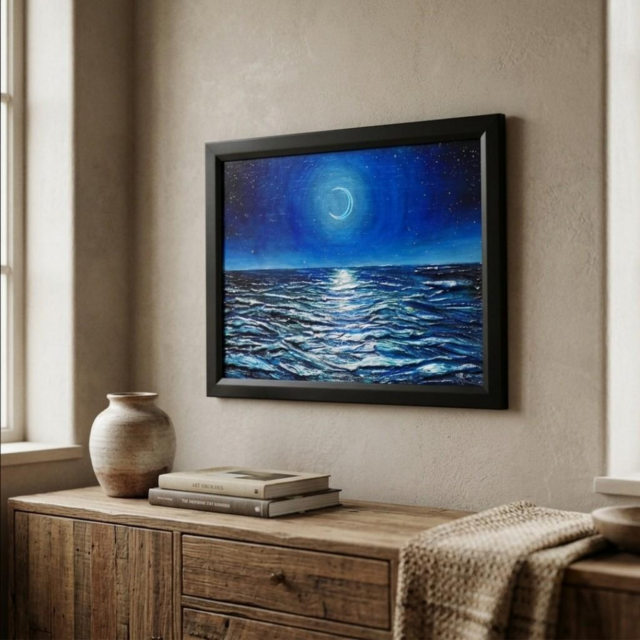 油絵/A4】真夏の夜の海と三日月（黒額縁付）/ 原画 油彩画 インテリア