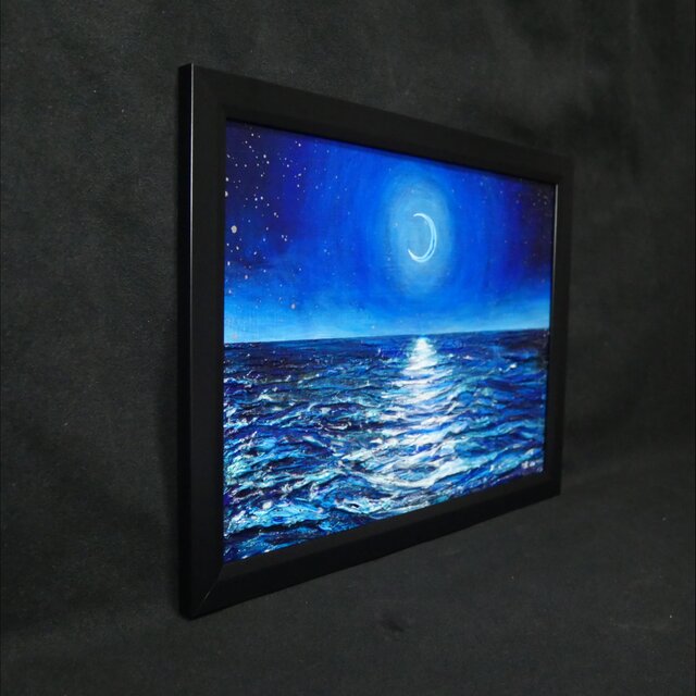 油絵/A4】真夏の夜の海と三日月（黒額縁付）/ 原画 油彩画 インテリア