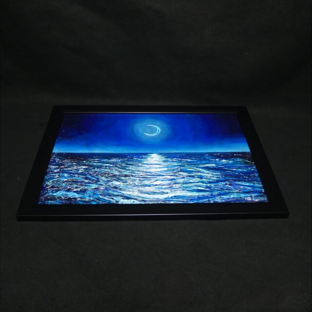 油絵/A4】真夏の夜の海と三日月（黒額縁付）/ 原画 油彩画 インテリア