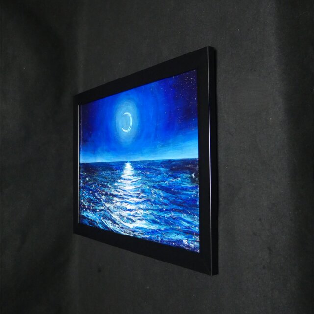 油絵/A4】真夏の夜の海と三日月（黒額縁付）/ 原画 油彩画 インテリア