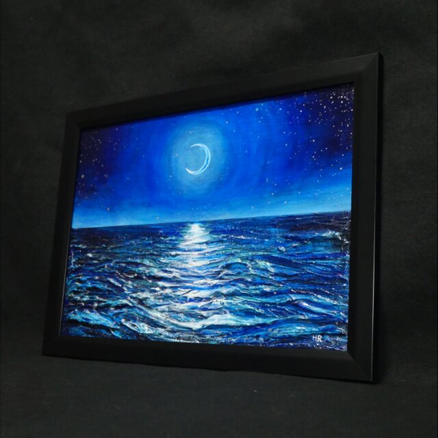 油絵/A4】真夏の夜の海と三日月（黒額縁付）/ 原画 油彩画 インテリア
