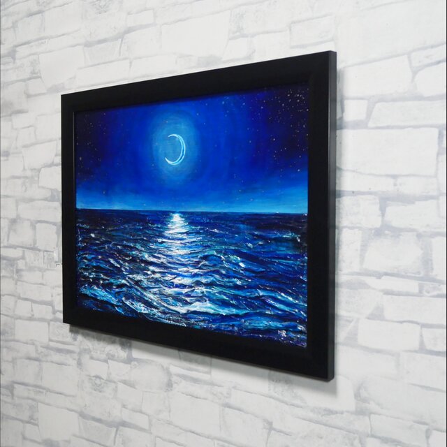 油絵/A4】真夏の夜の海と三日月（黒額縁付）/ 原画 油彩画 インテリア