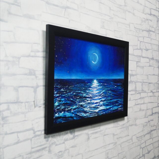 油絵/A4】真夏の夜の海と三日月（黒額縁付）/ 原画 油彩画 インテリア