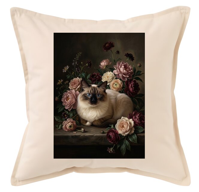 猫（バーマン）クッション 45cm 花の油絵風カラーアート | iichi 日々