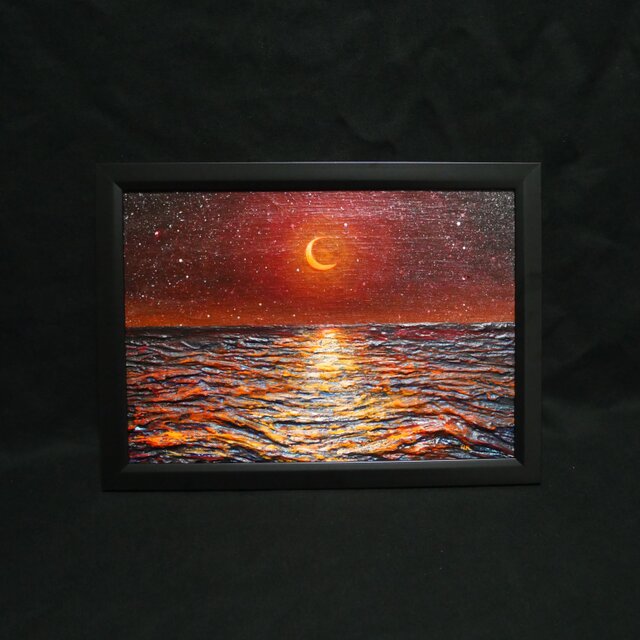 「月夜」　手描き　肉筆　油絵　風景画　原画　油彩画 油彩画 原画「琥珀色の夜に溶ける月」A4額装（黒フレーム）夏の夜景 海