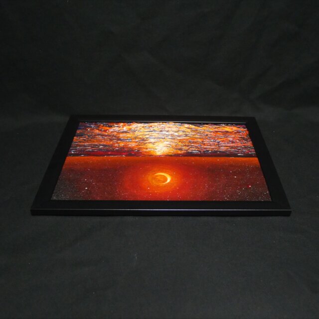 油彩画 原画「琥珀色の夜に溶ける月」A4額装（黒フレーム）夏の夜景 海