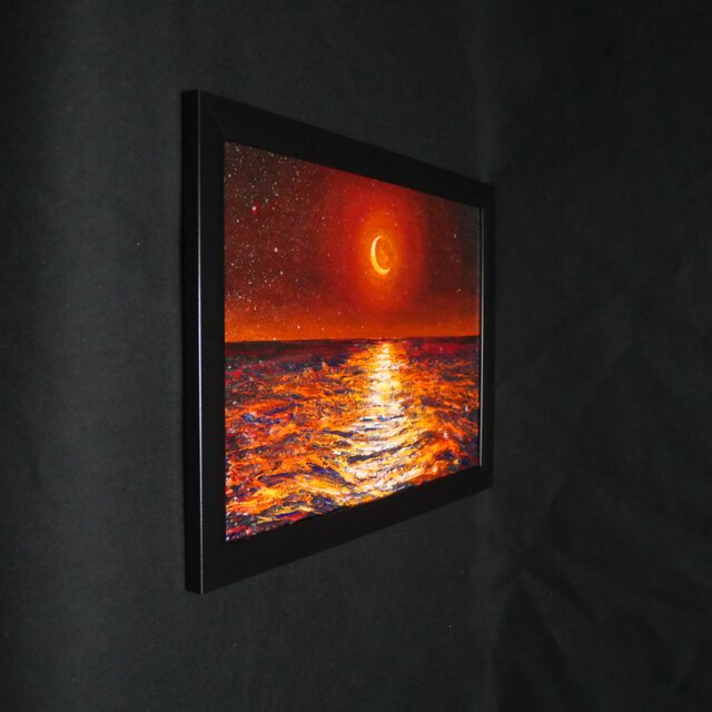 油彩画 原画「琥珀色の夜に溶ける月」A4額装（黒フレーム）夏の夜景 海