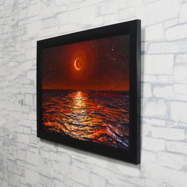 油彩画 原画「琥珀色の夜に溶ける月」A4額装（黒フレーム）夏の夜景 海
