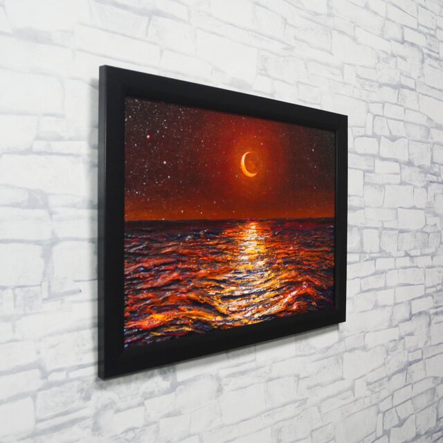 油彩画 原画「琥珀色の夜に溶ける月」A4額装（黒フレーム）夏の夜景 海