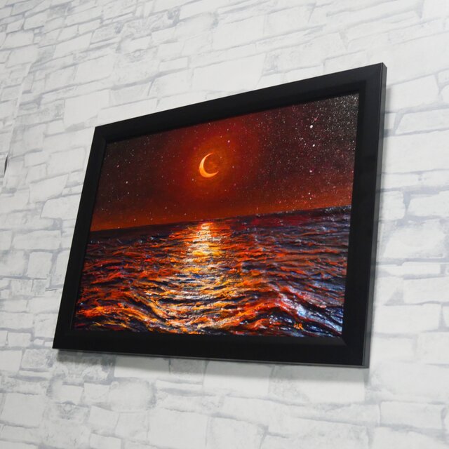 油彩画 原画「琥珀色の夜に溶ける月」A4額装（黒フレーム）夏の夜景 海