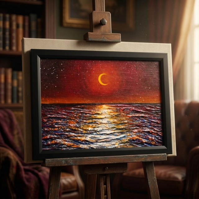 油彩画 原画「琥珀色の夜に溶ける月」A4額装（黒フレーム）夏の夜景 海