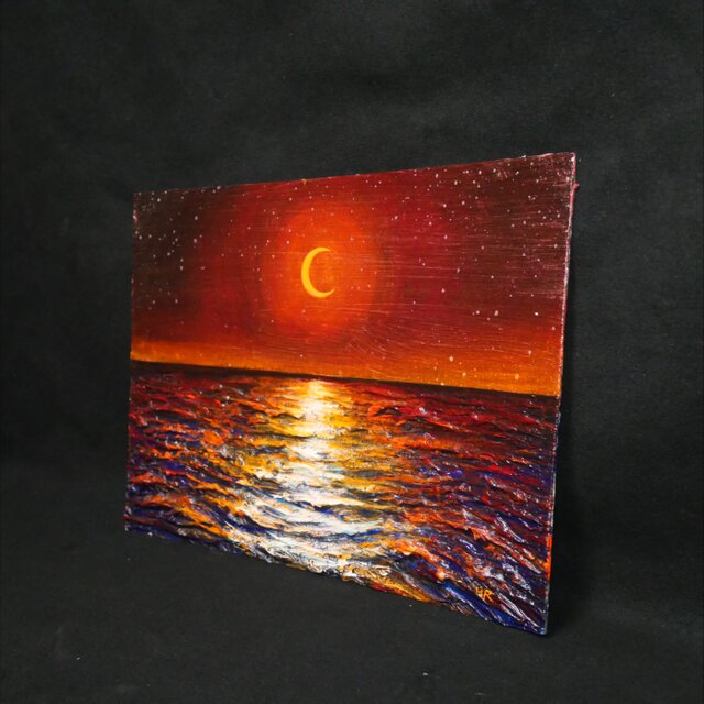 油彩画 原画「琥珀色の夜に溶ける月」A4額装（黒フレーム）夏の夜景 海