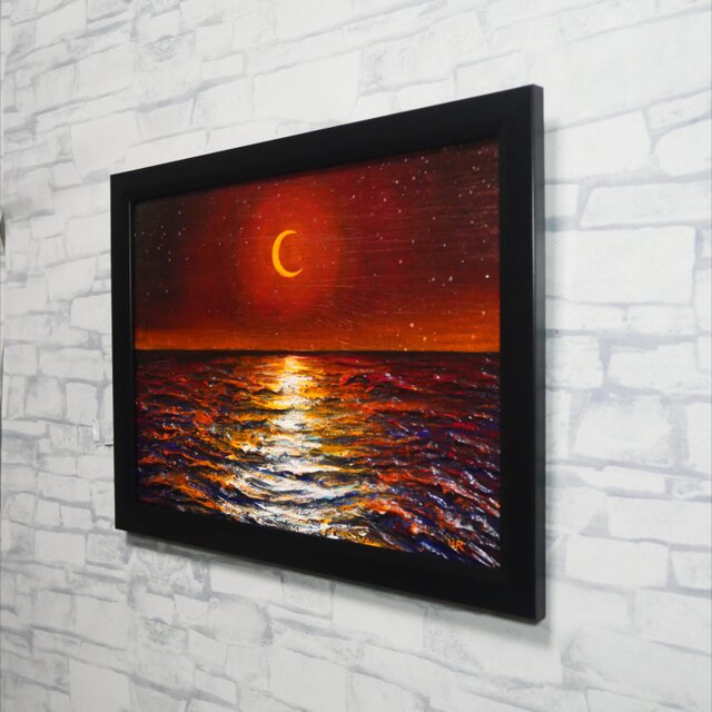 油彩画 原画「琥珀色の夜に溶ける月」A4額装（黒フレーム）夏の夜景 海