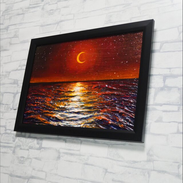 油彩画 原画「琥珀色の夜に溶ける月」A4額装（黒フレーム）夏の夜景 海