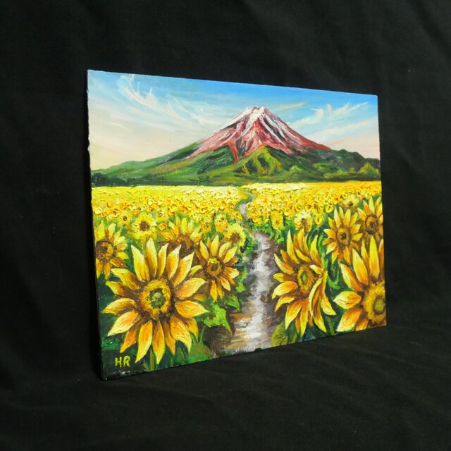 油彩画 A4「富士へと続く黄金の道」額装入り（ひまわり・赤富士・夏の