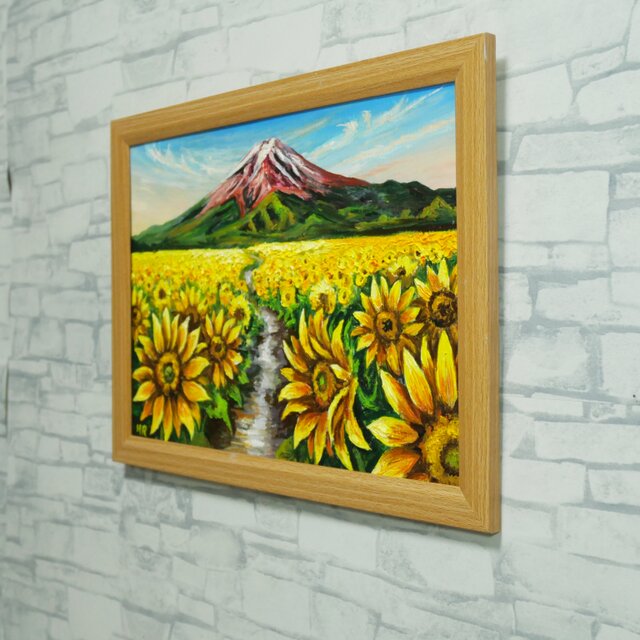 油彩画 A4「富士へと続く黄金の道」額装入り（ひまわり・赤富士・夏の