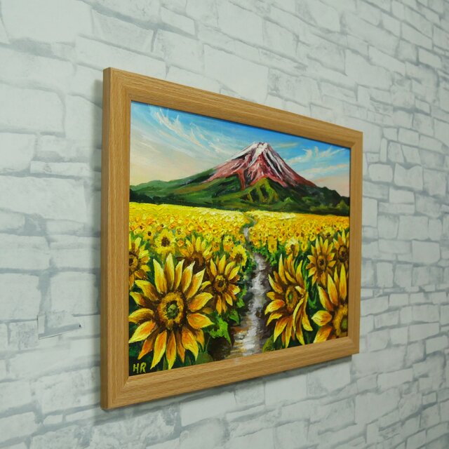 油彩画 A4「富士へと続く黄金の道」額装入り（ひまわり・赤富士・夏の
