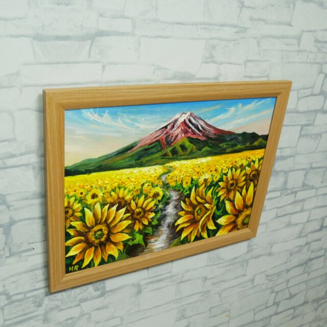 油彩原画『黄葉の小路』F12号　額装品 油彩画 A4「富士へと続く黄金の道」額装入り（ひまわり・赤富士・夏の