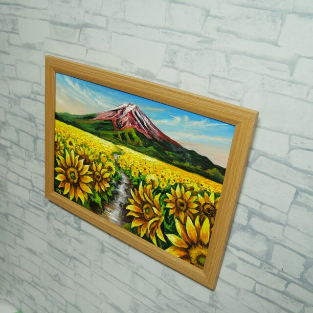 油彩画 A4「富士へと続く黄金の道」額装入り（ひまわり・赤富士・夏の