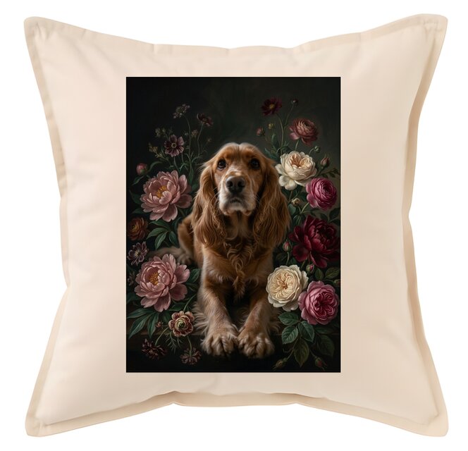 犬（コッカースパニエル）クッション 45cm 花の油絵風カラーアート