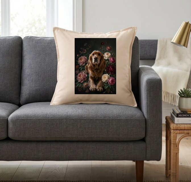 犬（コッカースパニエル）クッション 45cm 花の油絵風カラーアート