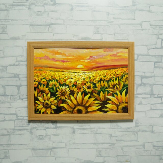 油彩画「陽光のシンフォニー」ひまわり畑と夕景（A4サイズ・ナチュラル