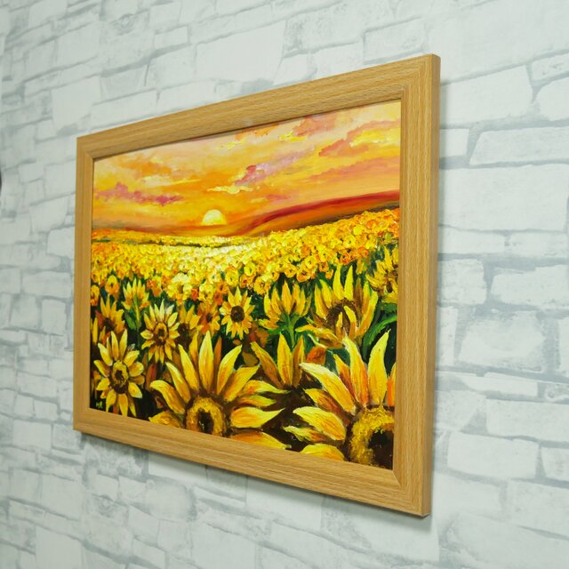 油彩画「陽光のシンフォニー」ひまわり畑と夕景（A4サイズ・ナチュラル