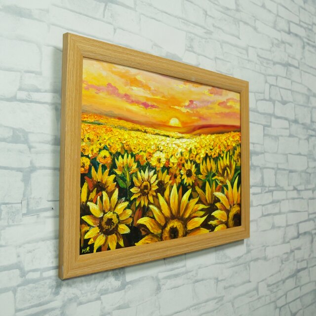油彩画「陽光のシンフォニー」ひまわり畑と夕景（A4サイズ・ナチュラル