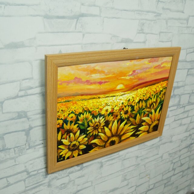 油彩画「陽光のシンフォニー」ひまわり畑と夕景（A4サイズ・ナチュラル
