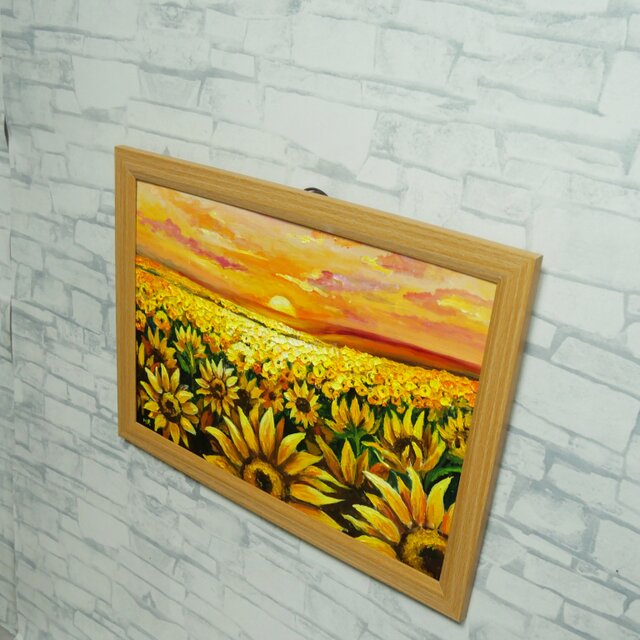 油彩画「陽光のシンフォニー」ひまわり畑と夕景（A4サイズ・ナチュラル