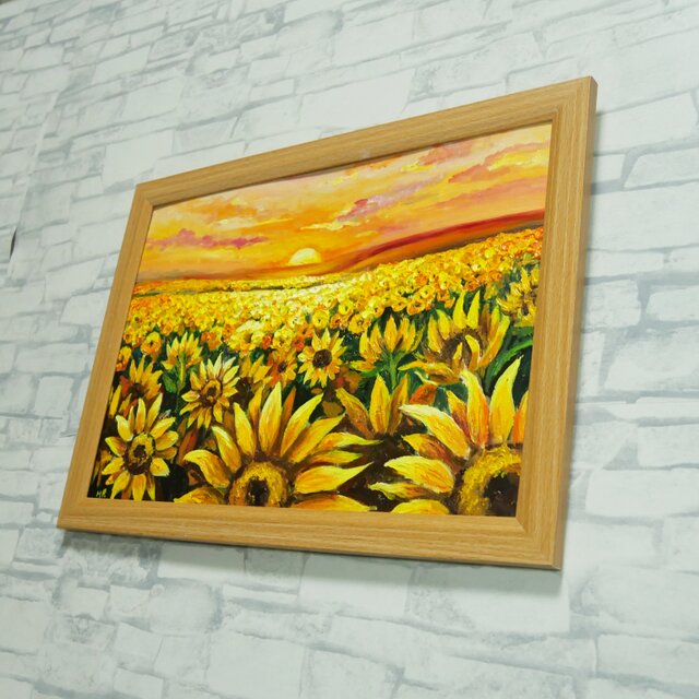 油彩画「陽光のシンフォニー」ひまわり畑と夕景（A4サイズ・ナチュラル