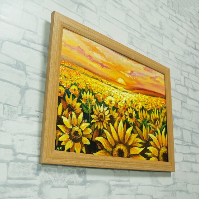 油彩画「陽光のシンフォニー」ひまわり畑と夕景（A4サイズ・ナチュラル