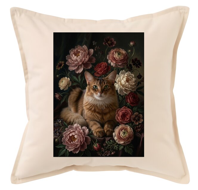 猫（ソマリ）クッション 45cm 花の油絵風カラーアート | iichi 日々の
