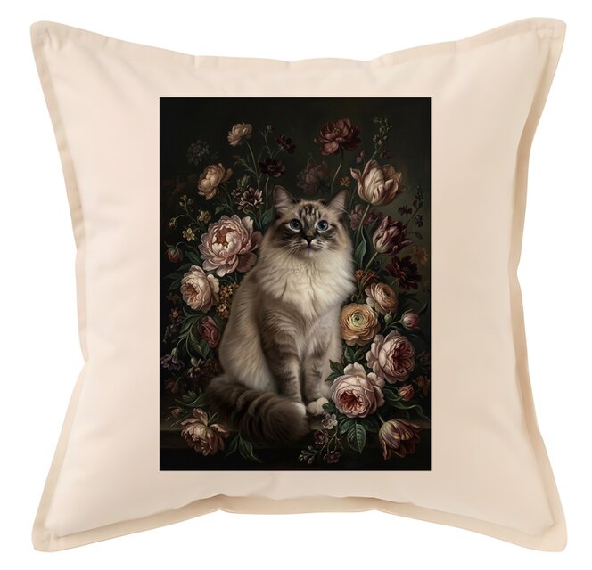 猫（ラグドール）クッション 45cm 花の油絵風カラーアート | iichi