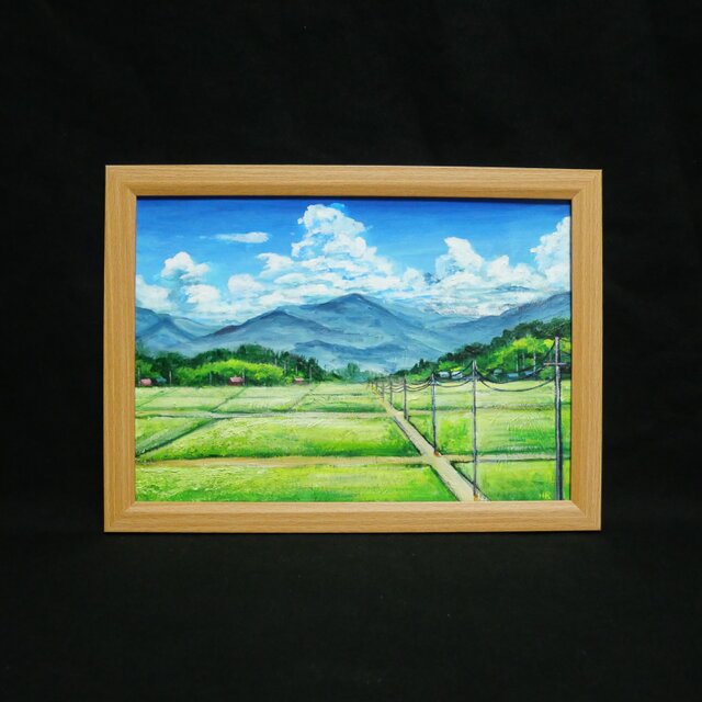 あの夏の帰り道】広がる田園風景と入道雲の油彩画（A4額縁絵画