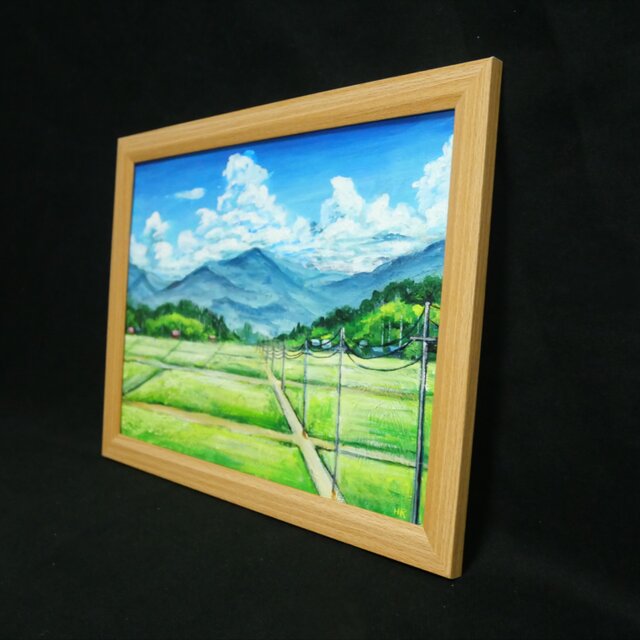 あの夏の帰り道】広がる田園風景と入道雲の油彩画（A4額縁絵画