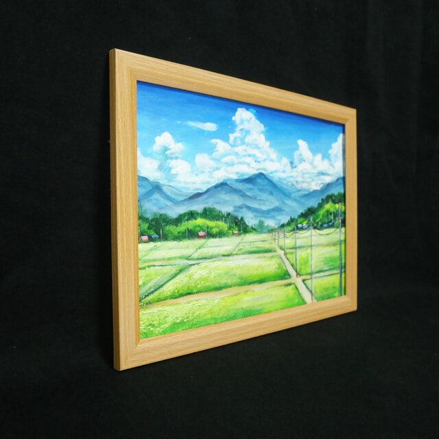 あの夏の帰り道】広がる田園風景と入道雲の油彩画（A4額縁絵画