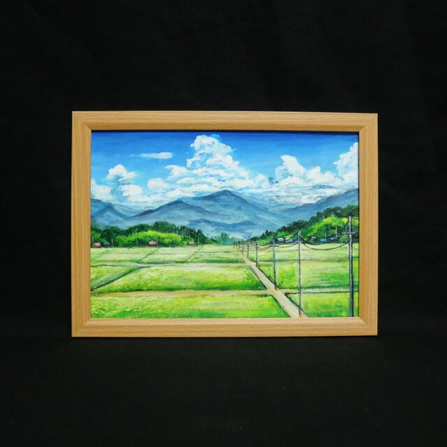 あの夏の帰り道】広がる田園風景と入道雲の油彩画（A4額縁絵画
