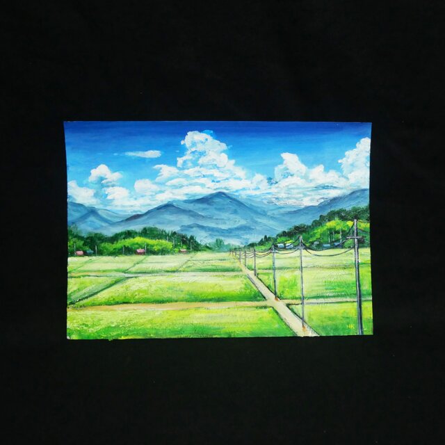 油絵 絵画【あの夏の帰り道】夏の風景画 田舎の風景 入道雲 A4 額縁付き あの夏の帰り道】広がる田園風景と入道雲の油彩画（A4額縁絵画
