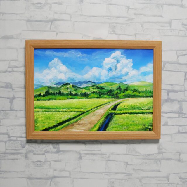あの夏の帰り道】広がる田園風景と入道雲の油彩画（A4額縁絵画