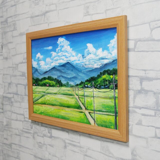 あの夏の帰り道】広がる田園風景と入道雲の油彩画（A4額縁絵画