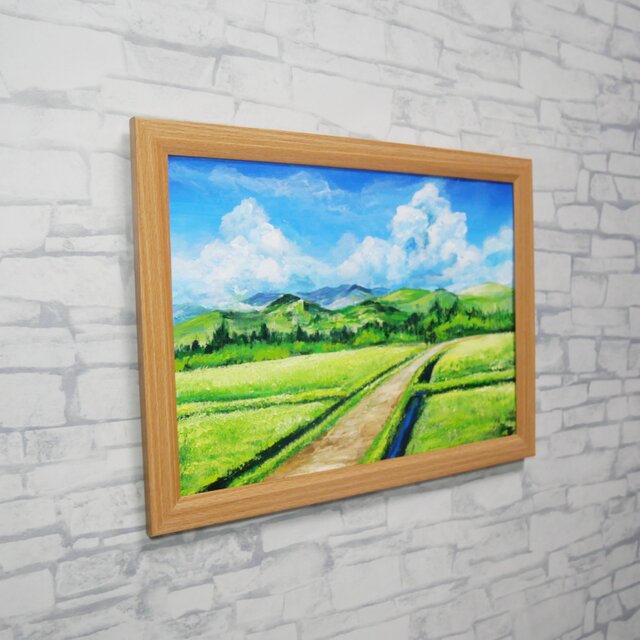 あの夏の帰り道】広がる田園風景と入道雲の油彩画（A4額縁絵画