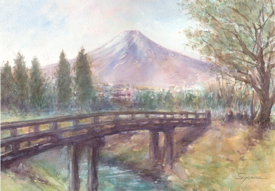 水彩画原画 忍野村からの富士山 ＃735 | iichi 日々の暮らしを心地よく
